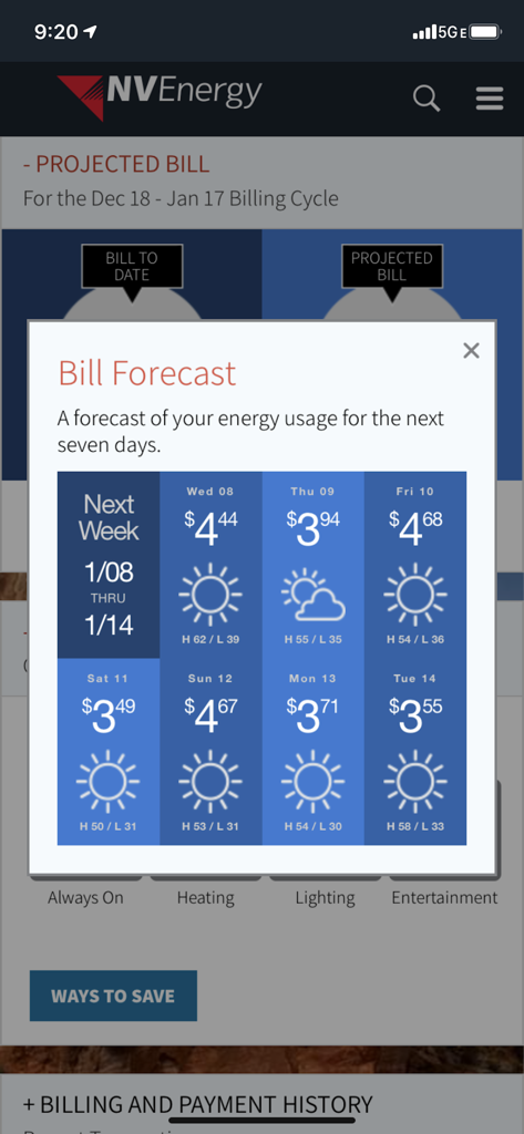 NV Energy - NV Energy app showing a weekly bill forecast with daily cost estimates and weather information