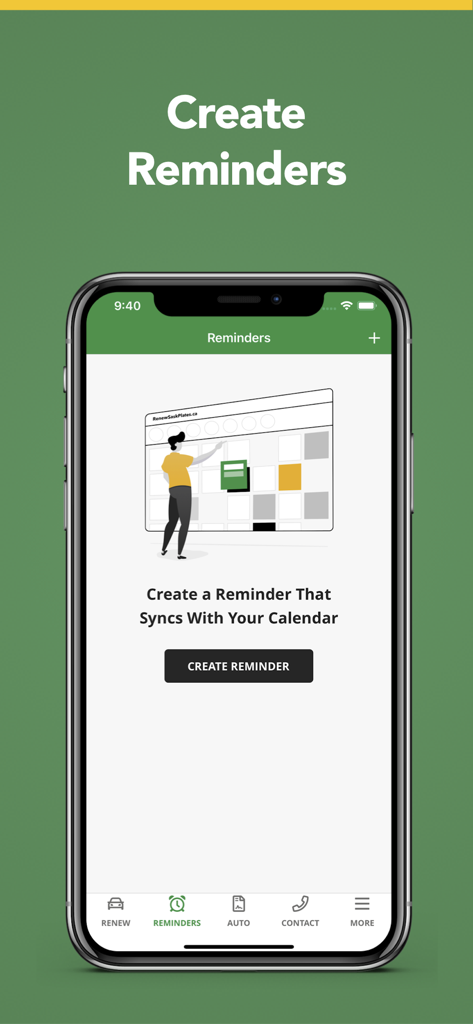 Renew Sask Plates - Renew Sask Plates app interface showing the reminders feature with a create reminder button
