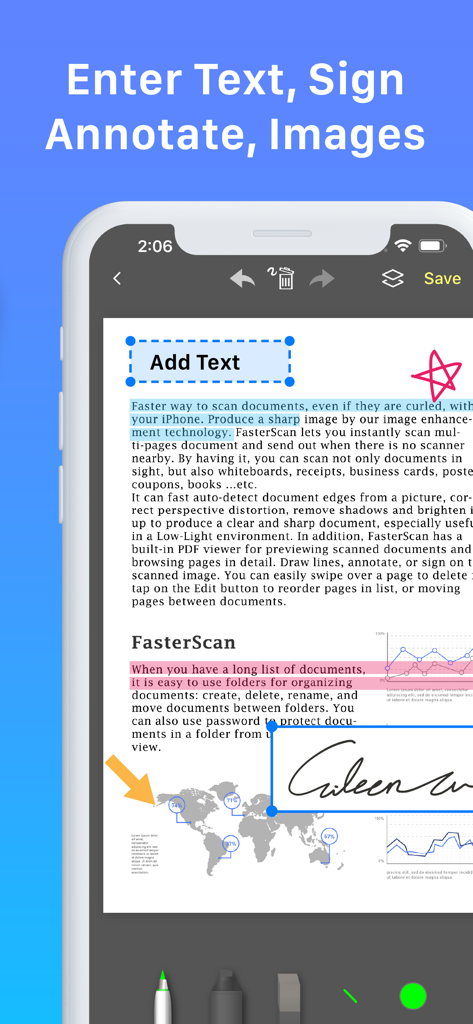 Mobile app interface showing document editing features including text annotation and digital signature