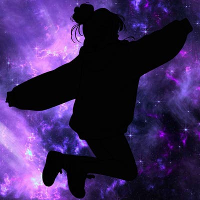 realistic girl jumping with a bun and oversized sweatshirt