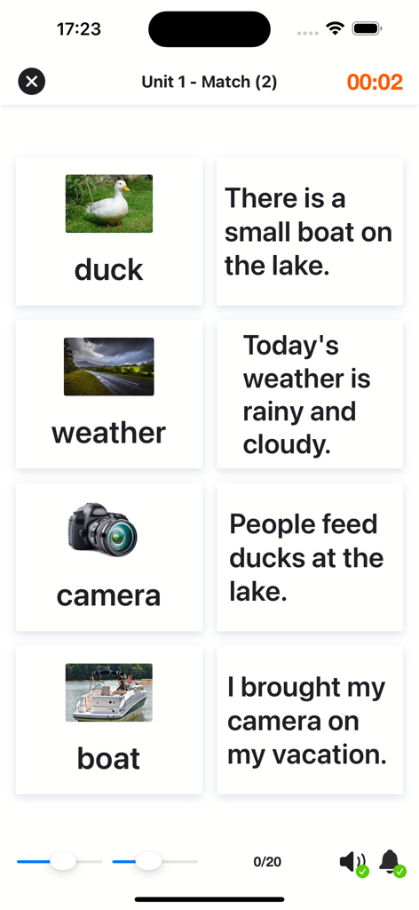 4000 Essential English Words ⑴ - Un juego de emparejamiento de vocabulario para estudiantes de inglés que presenta palabras y oraciones descriptivas.
