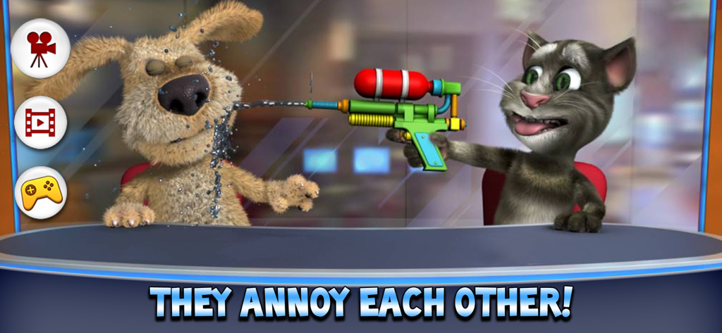 Talking Tom spraying Talking Ben with a water gun at a news desk