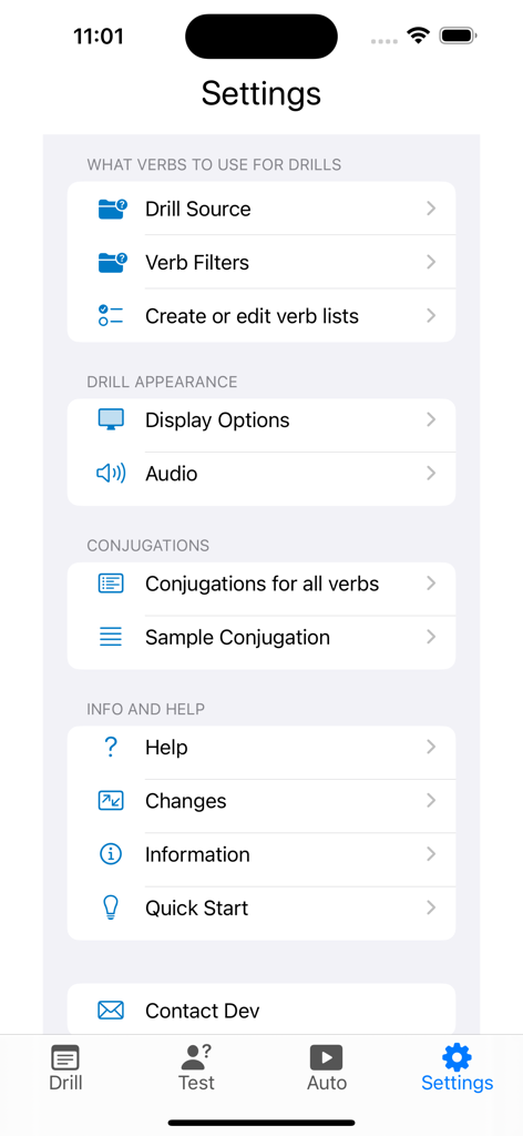Verbes - French Verb Trainer - Menu Paramètres de l'application Verbes French Verb Trainer présentant les options de personnalisation des exercices et de conjugaison