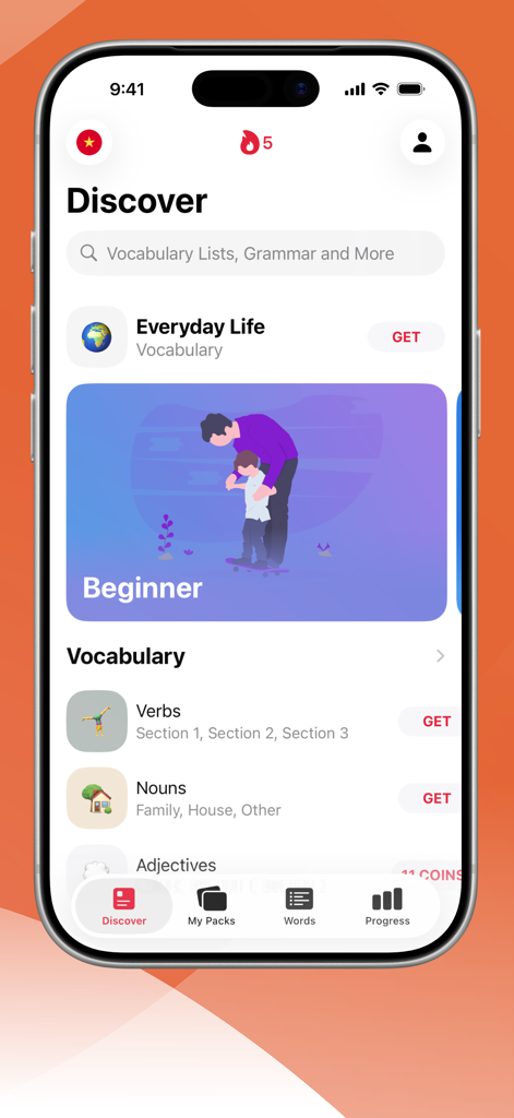 Learn Vietnamese with LENGOアプリのディスカバー画面、初心者向けの語彙リストを特集