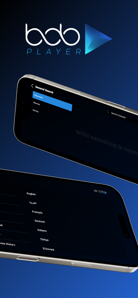 BOB PLAYER - Interface do aplicativo de streaming BOB PLAYER exibindo categorias de pesquisa e seleção de idioma