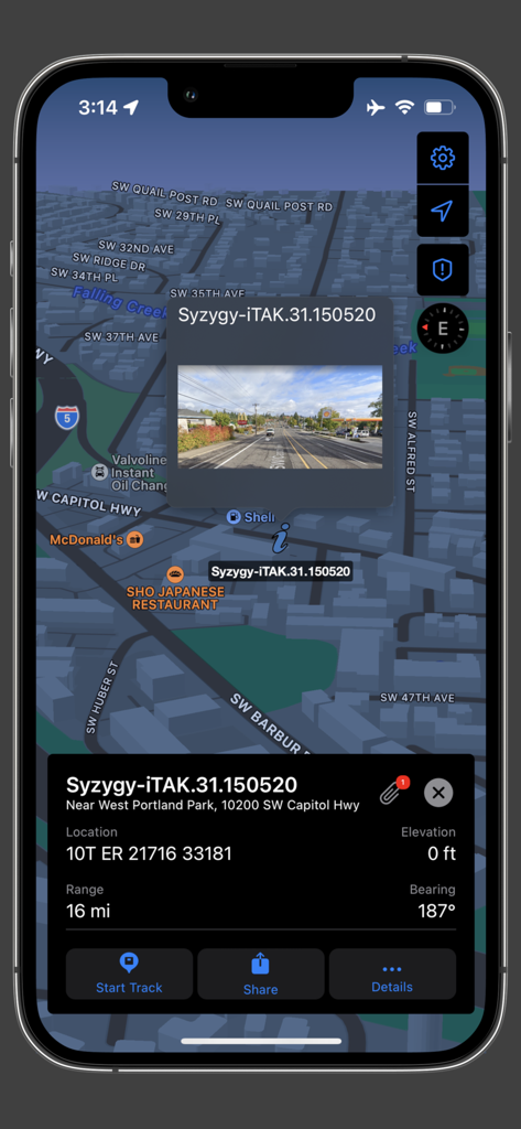 iTAK - iTAK app interface showing a 3D tactical map with location coordinates and a photo overlay