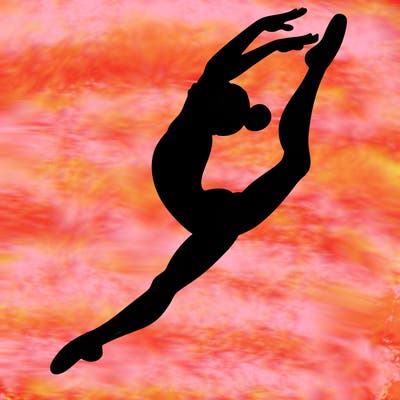 gymnast doing a leap in a leotard with a bent back leg