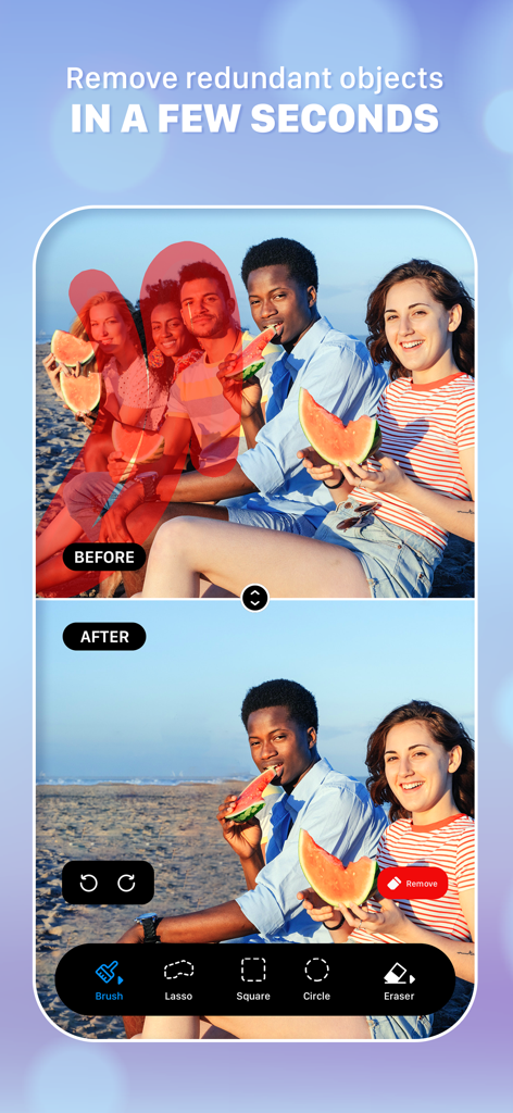 Comparação antes e depois de remover pessoas indesejadas de uma foto de praia usando tecnologia de IA