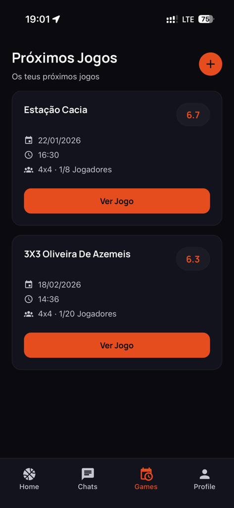 No Bounce - A list of upcoming basketball matches in the No Bounce app interface showing game details and court ratings