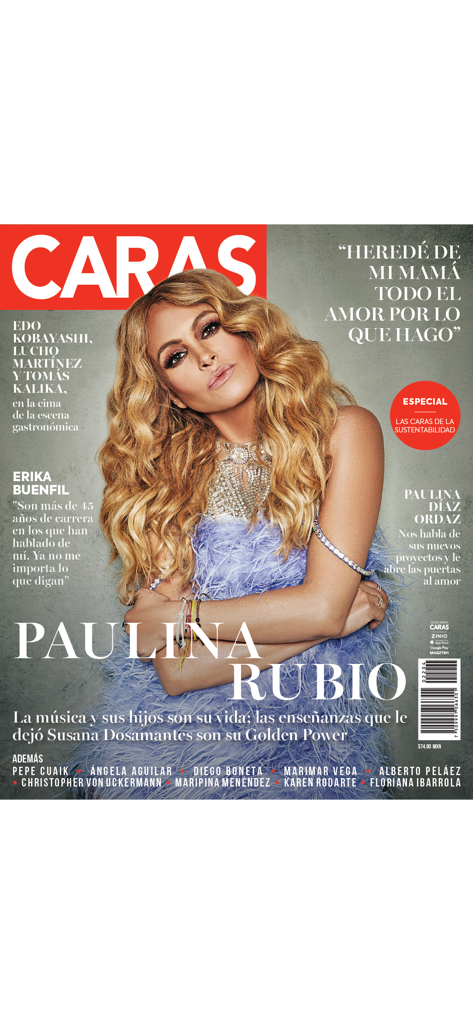 青い羽のドレスを着た歌手Paulina RubioをフィーチャーしたCaras Mexico雑誌の表紙。
