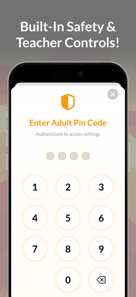 My Story School eBook Maker - Interface for entering an adult pin code to access teacher controls and app settings