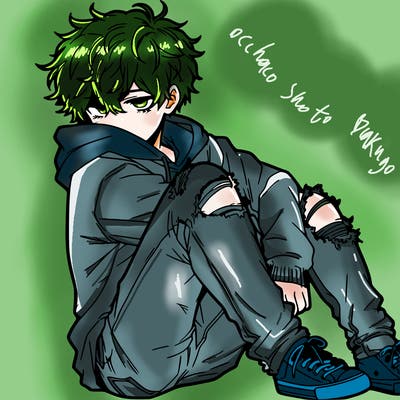 a male hoddie ripped jeans messy hair anime