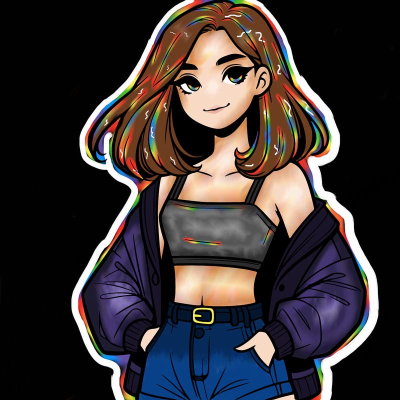 a realistic girl with a crop top and short shorts in an open jacket