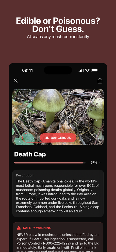 Foragr AI: Mushroom ID - Foragr AI app interface identifying a dangerous Death Cap mushroom with a 97 percent confidence score and safety warning.