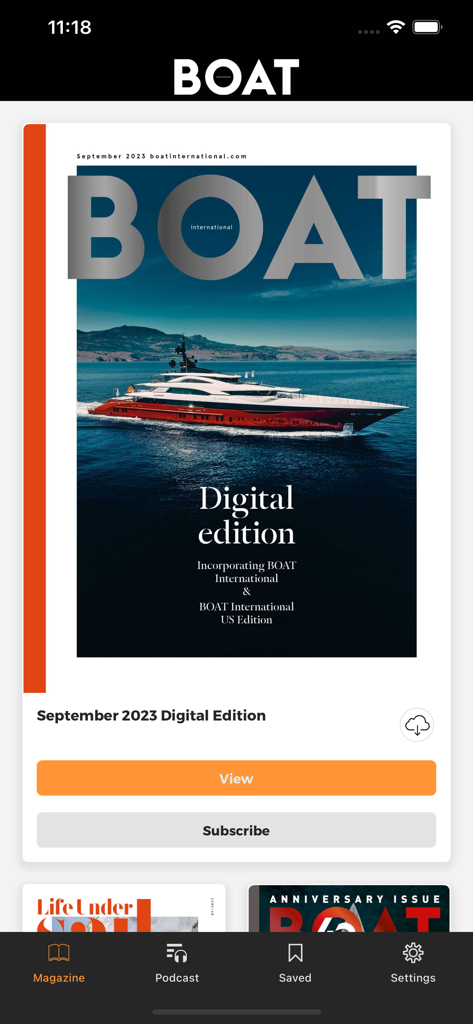 Schermata dell'app Boat International che mostra la copertina dell'edizione digitale della rivista di settembre 2023 con un superyacht di lusso