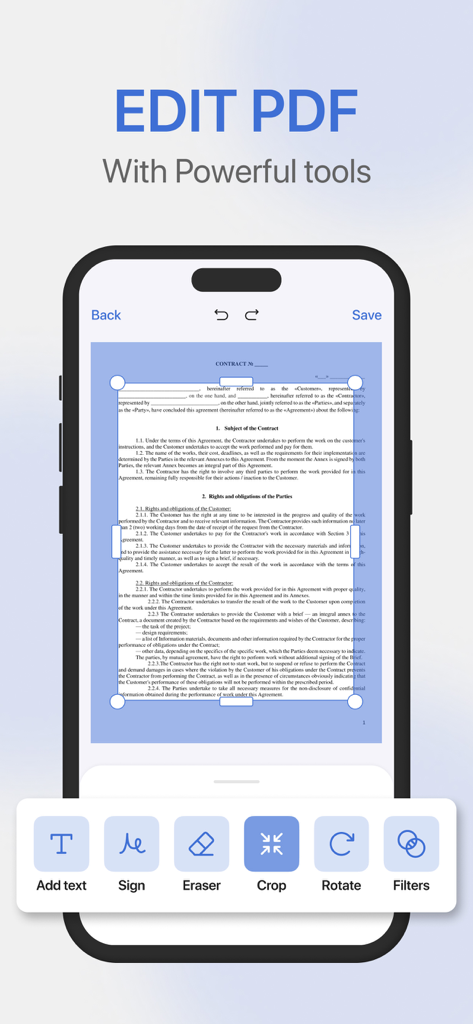 書類の切り抜きや署名などのPDF編集ツールが表示されたスマートフォンの画面