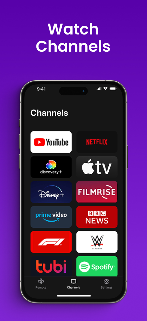 TV Remote for Roku · - Uno smartphone che mostra l'interfaccia dei canali dell'app telecomando Roku con icone per Netflix, YouTube e Disney Plus