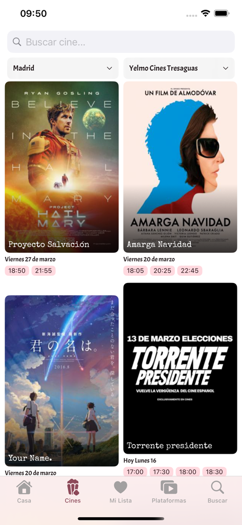 Pelis del Día - Pantalla mostrando pósters de películas y horarios de cine en español