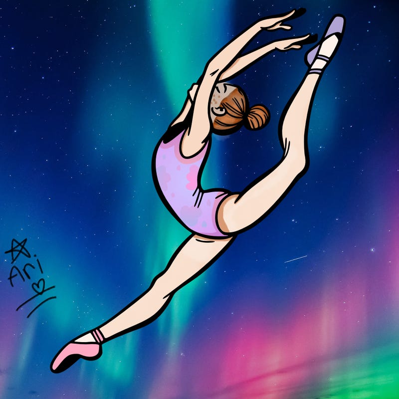gymnast doing a leap in a leotard with a bent back leg
