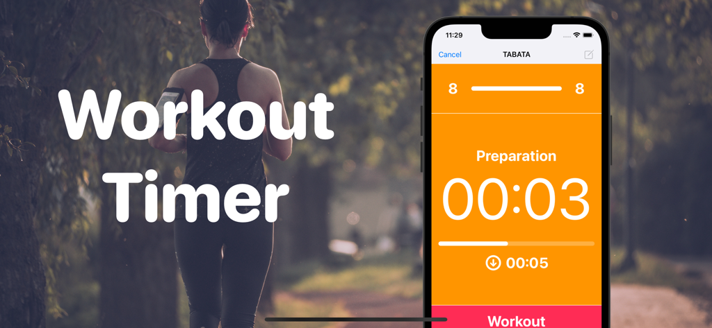 Workout Timer - Interval Timer - Smartphone-Bildschirm, der einen Tabata-Workout-Countdown in der Workout Timer App mit einer Frau im Hintergrund beim Laufen anzeigt