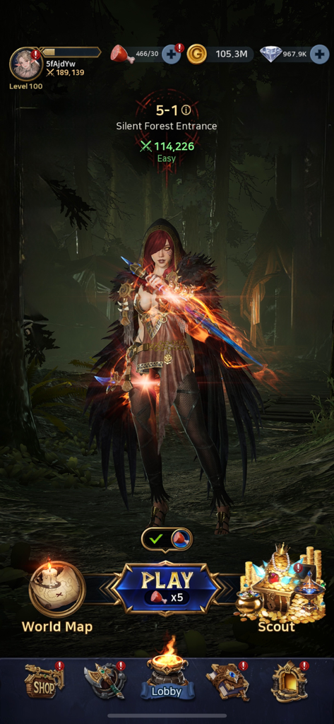 VALHALLA SURVIVAL - Main lobby screen of Valhalla Survival showing a female hero with a glowing sword in a Norse forest setting.