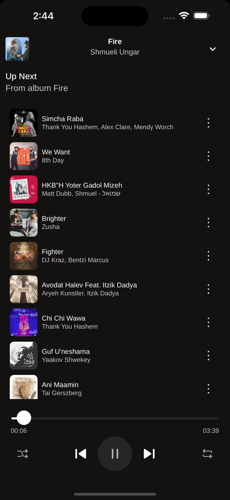 A mobile screen showing the 24Six Music player with an upcoming queue of Jewish music songs and playback controls