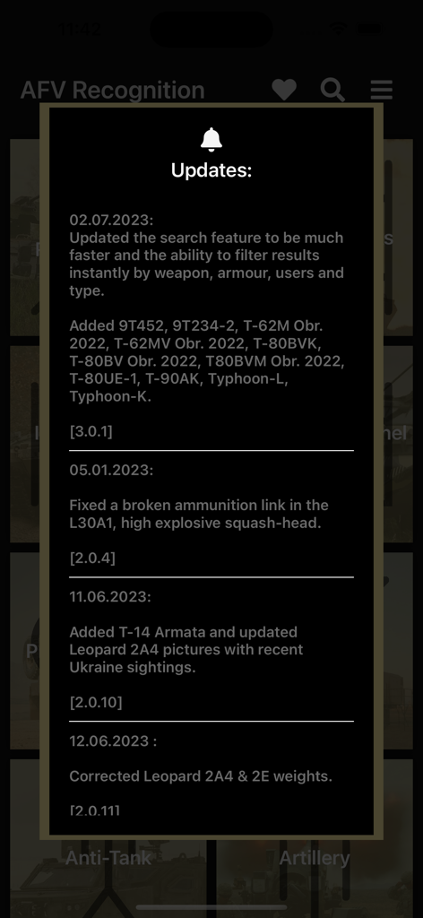AFV Recognition app update screen showing changelog for new vehicles and feature improvements