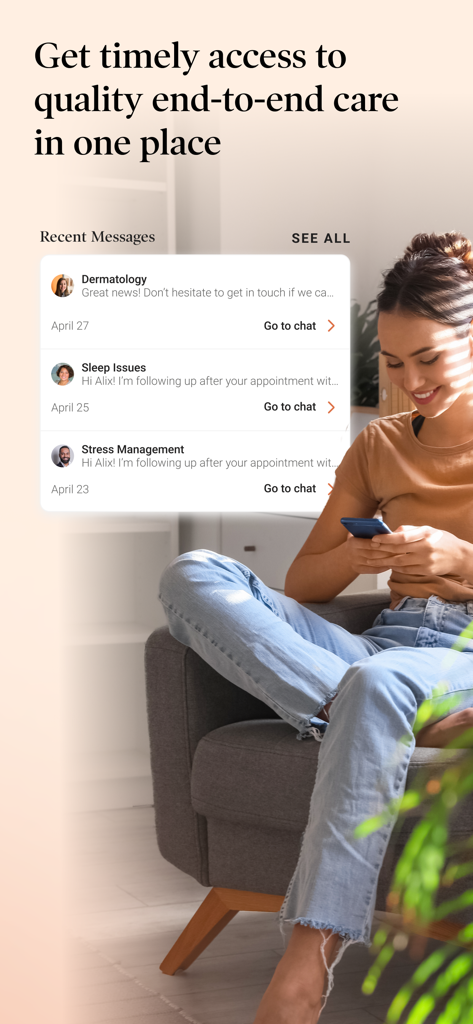 A woman using the Dialogue Health app to view healthcare messages for dermatology and stress management