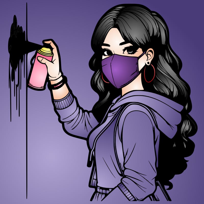 realistic girl with mask spray painting a wall