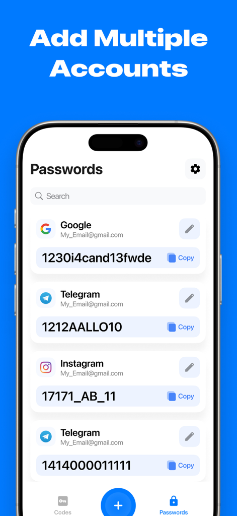 Authy Authenticator・2FA OTP - Mobile app screen showing a list of managed 2FA accounts including Google Telegram and Instagram with copyable codes