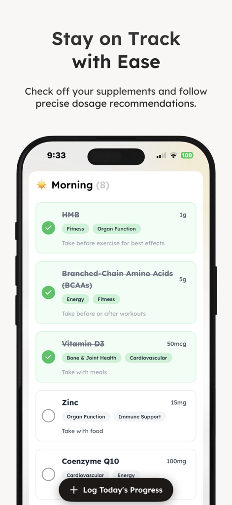 SuppMate - Supplement Tracker - SuppMate App-Oberfläche, die eine Checkliste für Morgen-Nahrungsergänzungsmittel mit Dosierungsverfolgung und Gesundheitskategorien anzeigt.