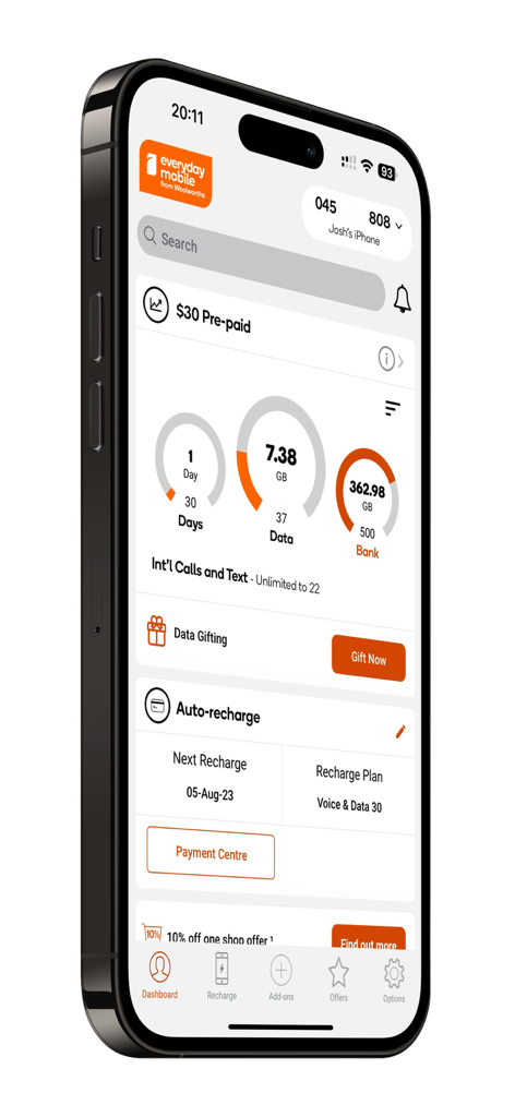 Everyday Mobile (Woolworths) - Everyday Mobile app dashboard showing data usage and account settings