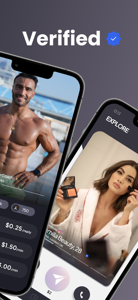 Finsta: Chats with value - Finsta app interface displaying verified creator profiles with pricing for messages and calls