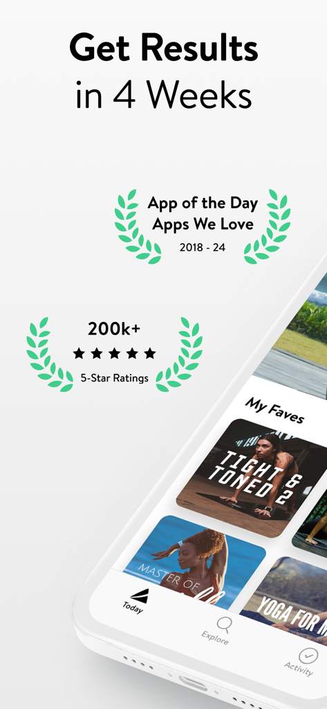 Asana Rebel: Get in Shape - Interfaz de la aplicación Asana Rebel que muestra una promesa de resultados en cuatro semanas y premios de la tienda de aplicaciones con calificaciones de cinco estrellas