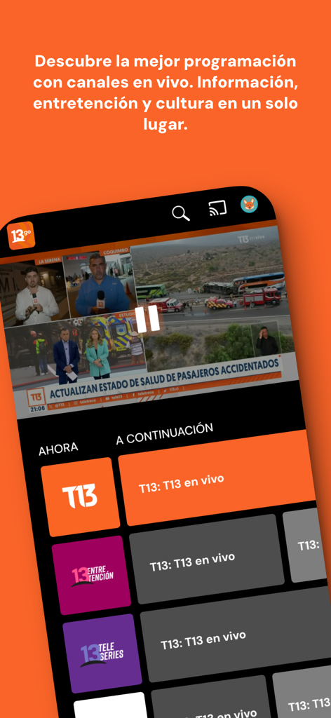 13 GO - 13 GO app interface displaying live Chilean television channels and news