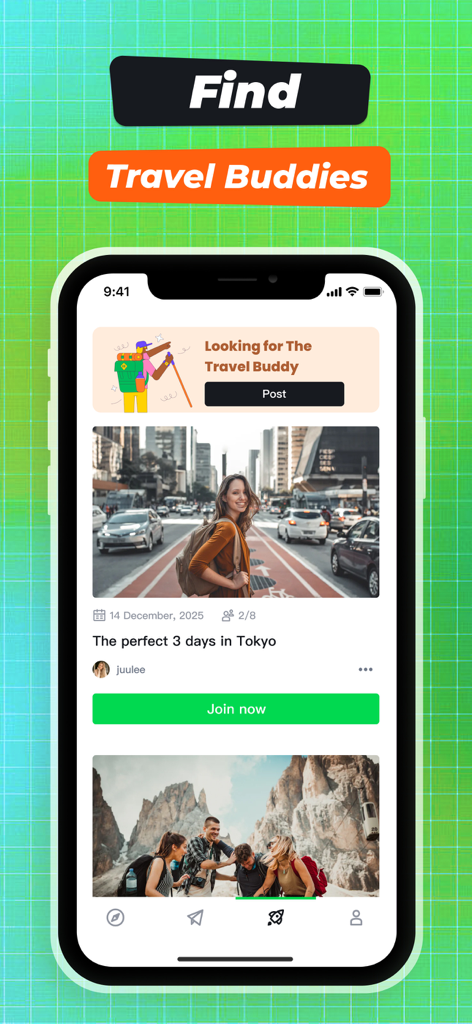 Fiber - Live Call, Meet Girl - Interface of the Fiber app showing travel buddy posts and a group trip invitation