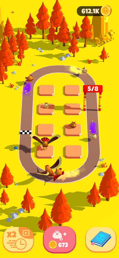 Cute Monsters Merge - Monstruos pájaro y alados entrenando en una pista en el juego móvil Cute Monsters Merge.