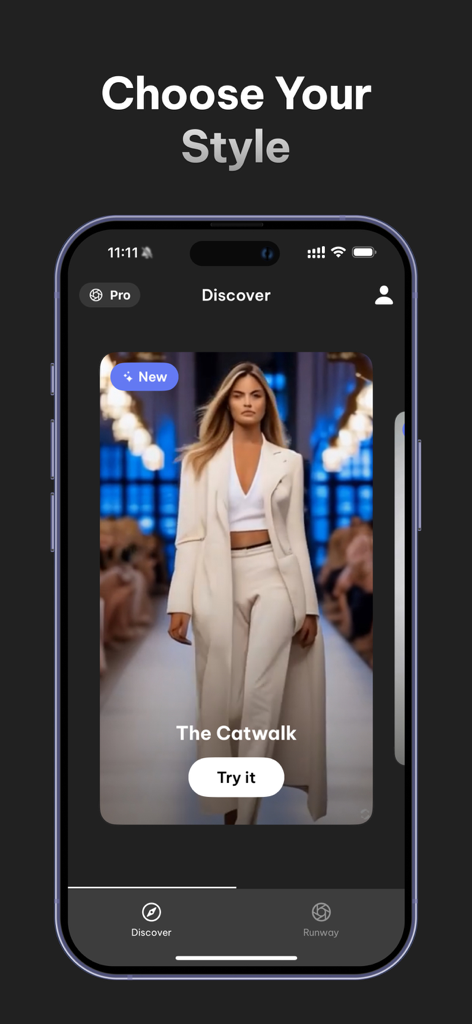 AI Fashion Try-On Stylist - Mobile app interface of Catwalk.ai showing a discovery screen with a runway model and a try it button.