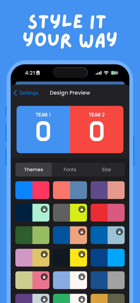 Customization screen of the Scoreboard app showing various color theme options for two teams