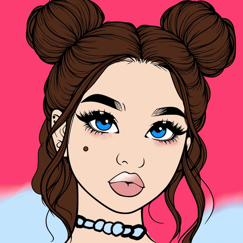realistic girl with two buns on her hair and lips