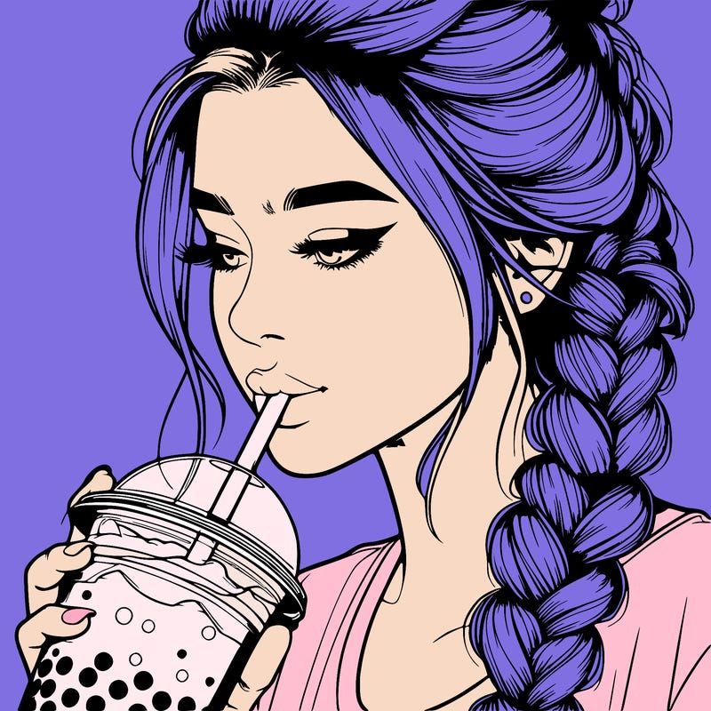 realistic girl drinking boba tea with braided hair