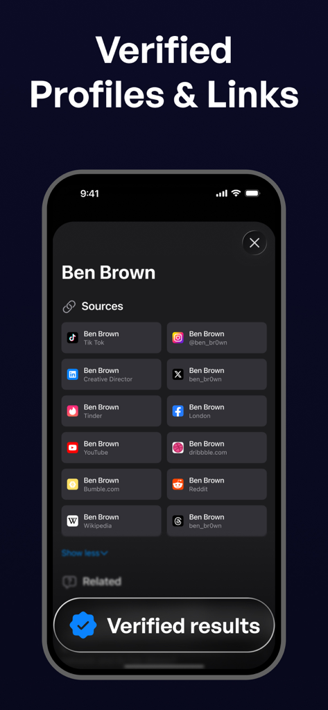 Truth Finder app screenshot displaying verified social media links and profiles for an individual search