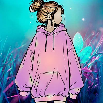 realistic girl with a oversized sweatshirt on and a bun