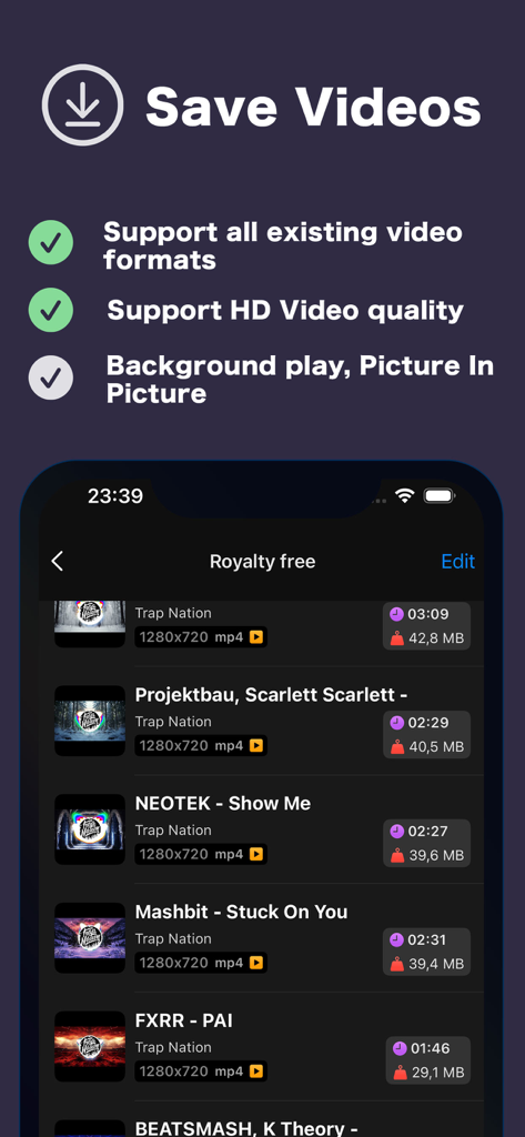 HD Video Saver - ClipCatch - HD Video Saver app interface showing a list of saved videos with feature highlights like background playback and HD support