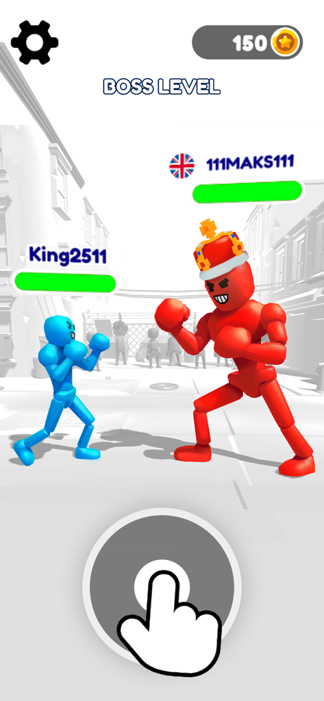 Ragdoll Stick Fighter: Bash - Blue stickman fighting a giant red boss character in a street level battle