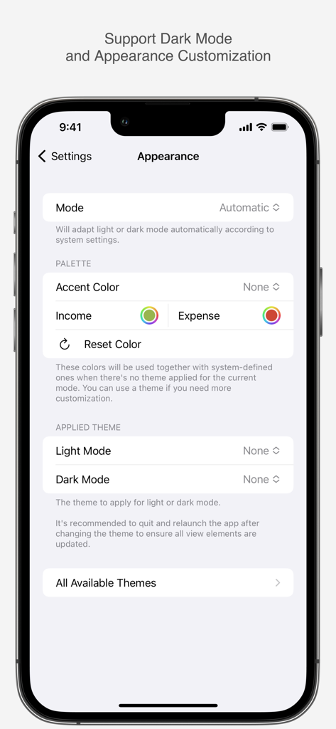 YeNom - Appearance settings screen in the YeNom app showing dark mode and color customization options.