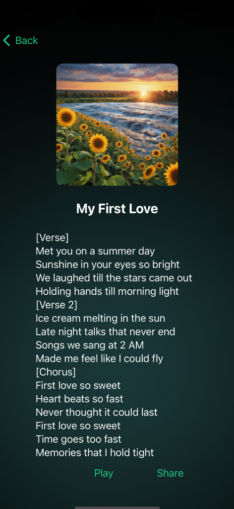 Interfaz mostrando letras de canciones generadas por IA para My First Love con arte de álbum de girasol en la aplicación Amper Music