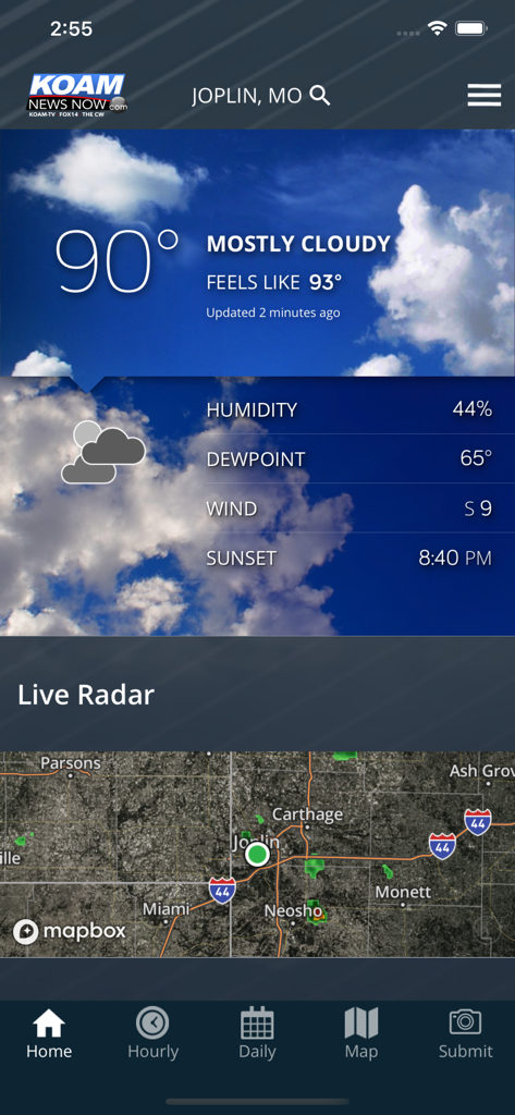 KOAM Sky Watch Weather app screen showing current temperature and live radar for Joplin Missouri