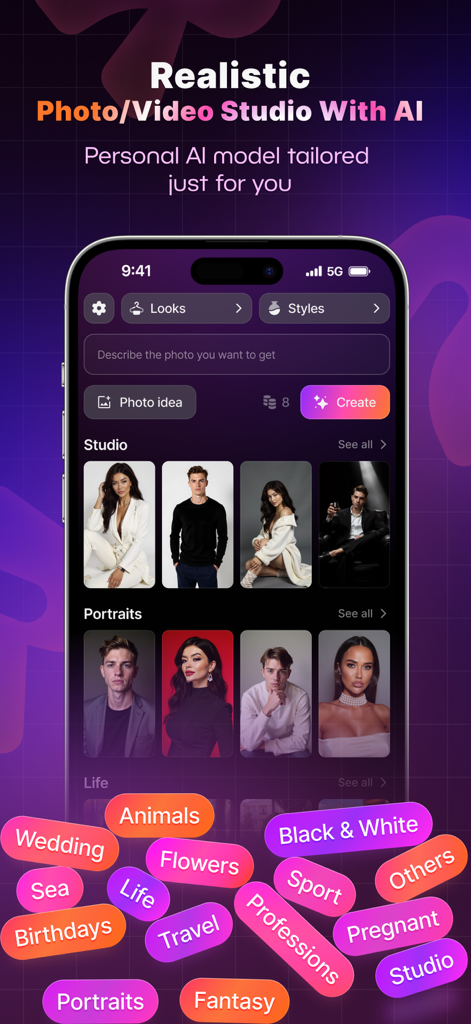 AI Photo Generator - ReCrea.ai - AI photo generator app interface showing professional portrait and creative style options