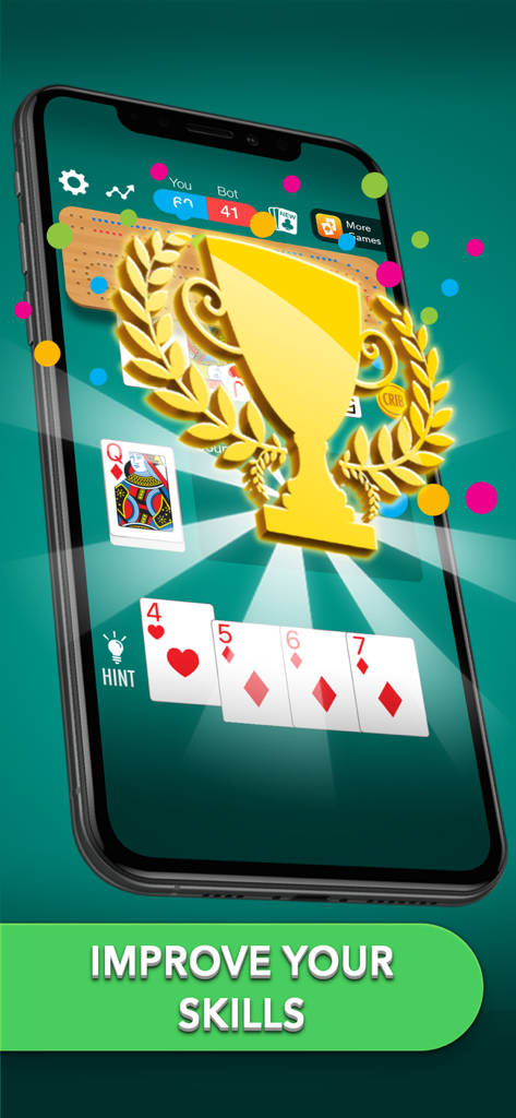 Cribbage card game - Pantalla de smartphone de un juego de cartas de Cribbage con un gran trofeo dorado de victoria y el texto 'mejora tus habilidades'